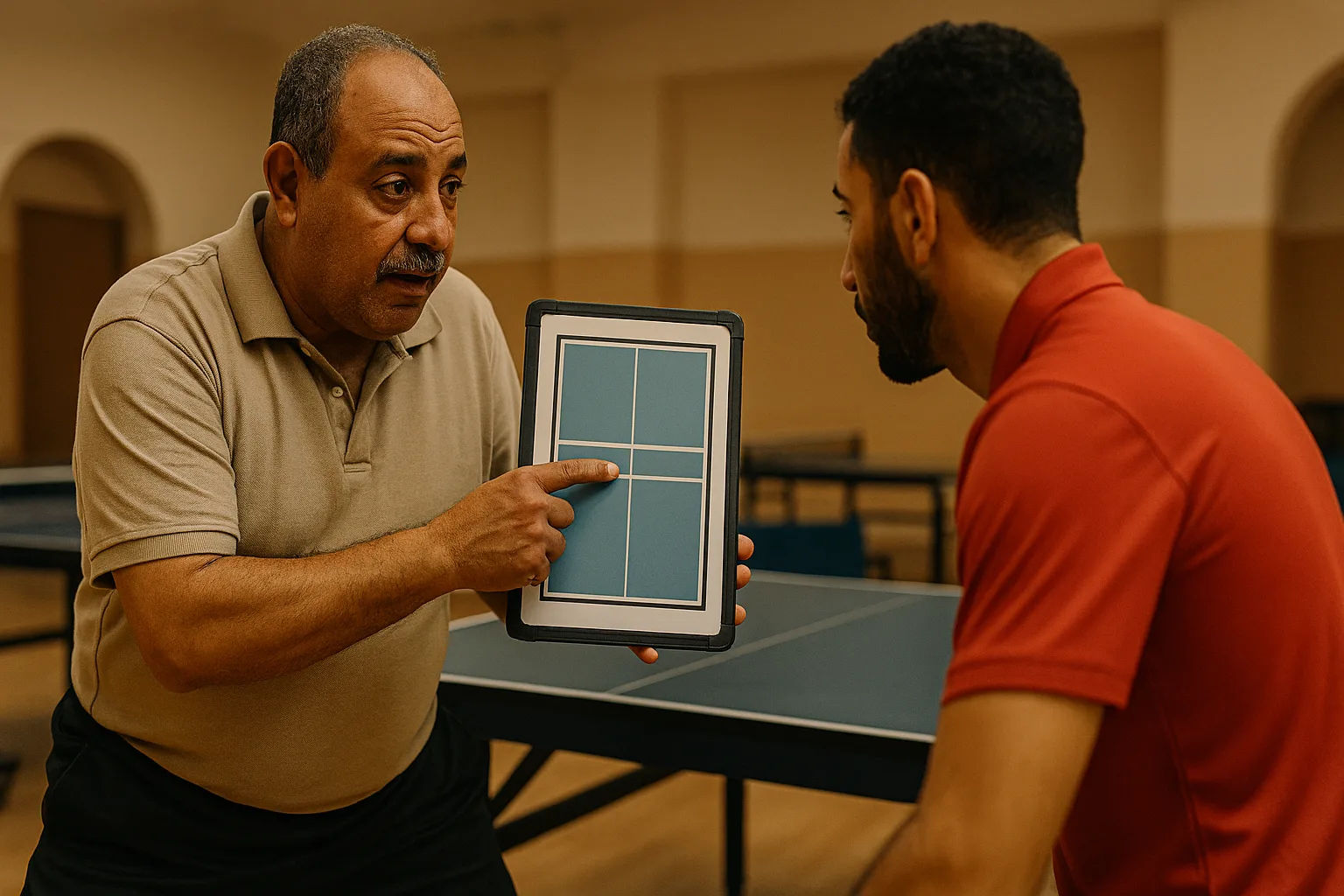 لاعب كرة طاولة يتلقى تعليمات من المدرب
